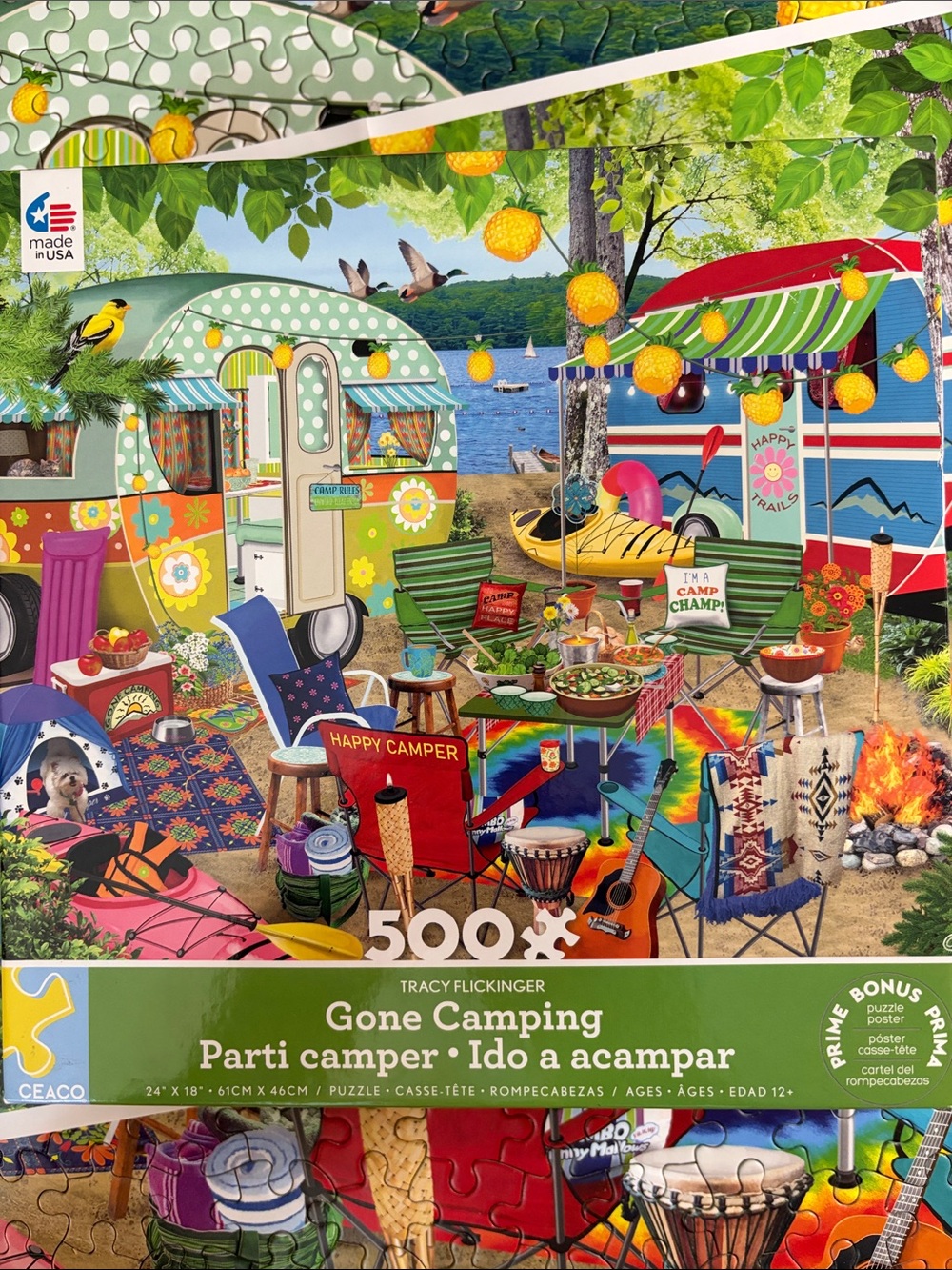 🧩 500 larger piece Ceaco “Gone Camping” with poster. Bright colors, fun to work